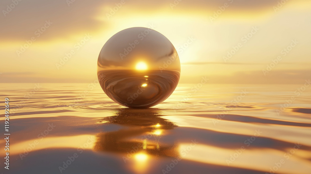 Golden Orb at Sunset: A gleaming golden sphere rests on the surface of a calm, still body of water, capturing the warm hues of a setting sun and creating a mesmerizing reflection. Golden Orb at Sunset: A gleaming golden sphere rests on the surface of a calm, still body of water, capturing the warm hues of a setting sun and creating a mesmerizing reflection.