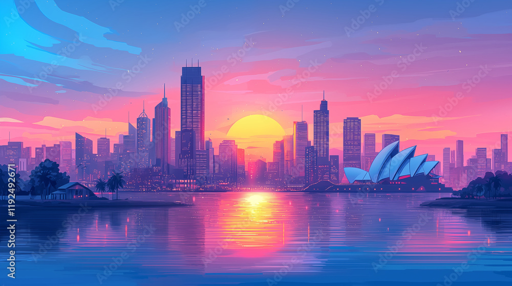 A vector illustration of the skyline at sunset, with the sun setting behind modern skyscrapers and the iconic in the background, cityscape concept, good vibe, sight seeing A vector illustration of the skyline at sunset, with the sun setting behind modern skyscrapers and the iconic in the background, cityscape concept, good vibe, sight seeing