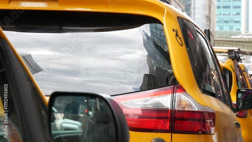 New York City Grand Central Terminal railway station, 42 street. Manhattan Midtown. Yellow taxi cab row, cars on Pershing Square, NYC, USA. American urban road traffic, car transport in United States.