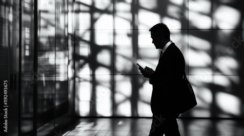 Silhouetted Businessman Using Smartphone in Modern Architectural Setting photo