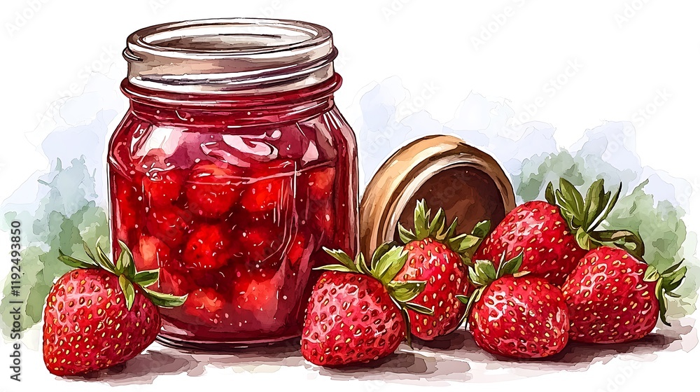 Watercolor illustration of a jar of strawberry jam and fresh strawberries. Watercolor illustration of a jar of strawberry jam and fresh strawberries.