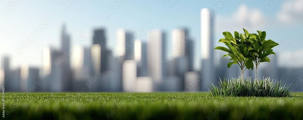 Architect project idea. A small tree growing in grass with a city skyline blurred in the background. Architect project idea. A small tree growing in grass with a city skyline blurred in the background.