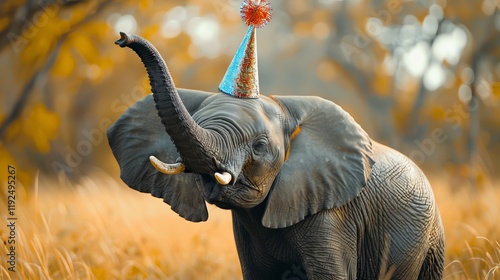 Elephant wearing a colorful party hat celebrating a birthday with festive decorations


 photo