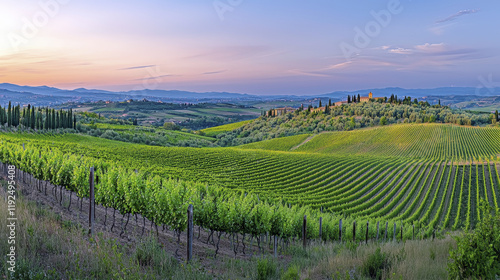 Wallpaper Mural Breathtaking panoramic view of lush vineyards under colorful sunset sky. rolling hills create serene landscape, perfect for relaxation Torontodigital.ca
