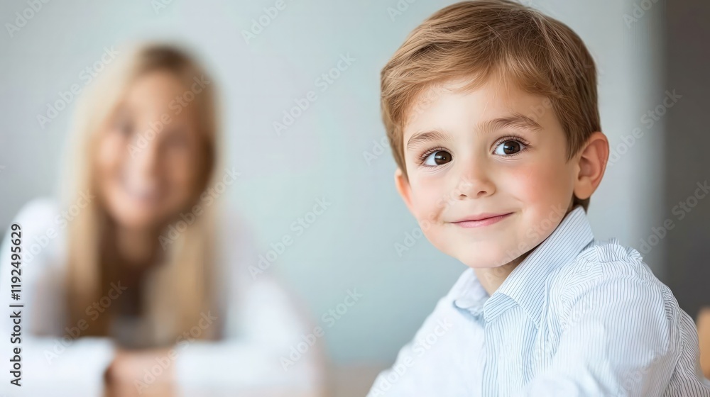 A young boy smiles warmly at the camera, with a blurred figure of a woman in the background, creating a cheerful and familial atmosphere. A young boy smiles warmly at the camera, with a blurred figure of a woman in the background, creating a cheerful and familial atmosphere.