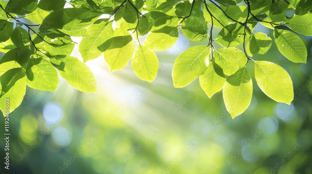 Bright green leaves illuminated by sunlight create serene atmosphere Bright green leaves illuminated by sunlight create serene atmosphere