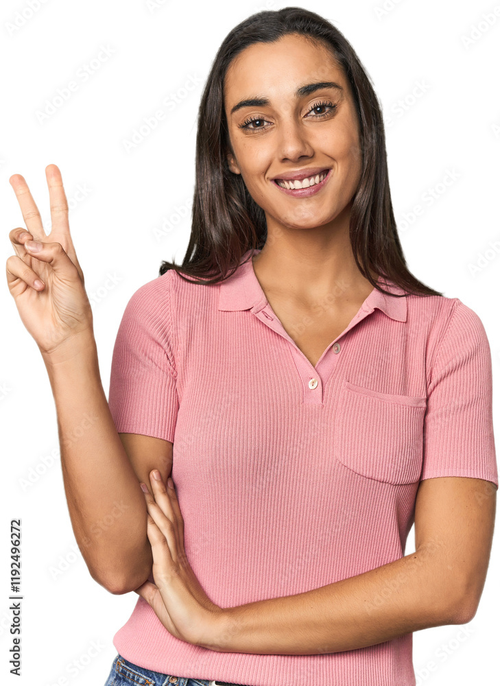 Hispanic young woman showing number two with fingers. Hispanic young woman showing number two with fingers.