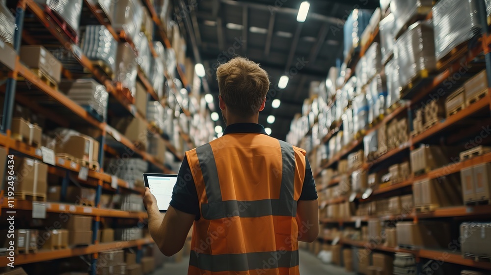 Warehouse workers use tablets to check stock levels at a logistics center. A Caucasian manager in a safety vest oversees the shipment process in the storage and distribution center. Warehouse workers use tablets to check stock levels at a logistics center. A Caucasian manager in a safety vest oversees the shipment process in the storage and distribution center.