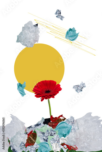 Billede på lærred Vertical photo collage of beautiful red gerbera flower pile trash rubbish cellop