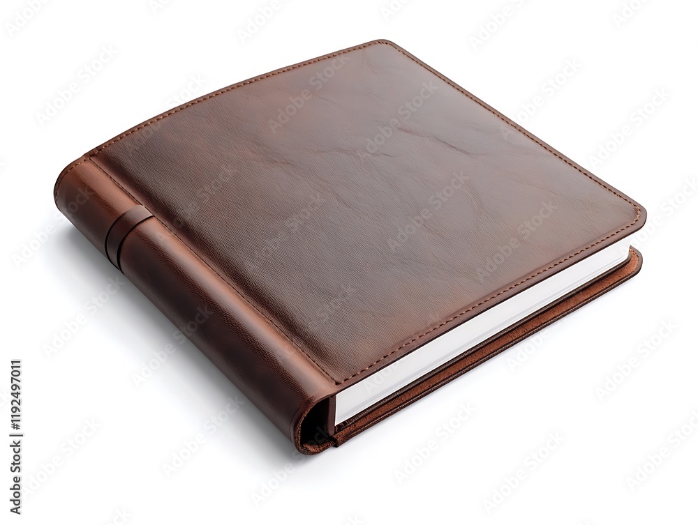 Modern brown leather travel album with a refined texture and elegant design, isolated against a bright white background. Modern brown leather travel album with a refined texture and elegant design, isolated against a bright white background.