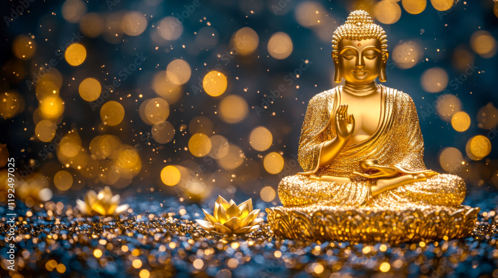Golden Buddha statue surrounded by lotus flowers and shimmering lights creating a serene atmosphere for meditation and reflection Golden Buddha statue surrounded by lotus flowers and shimmering lights creating a serene atmosphere for meditation and reflection