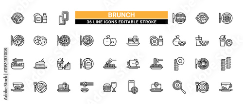 36 Brunch Line Icons Set Pack Editable Stroke Vector Illustration.