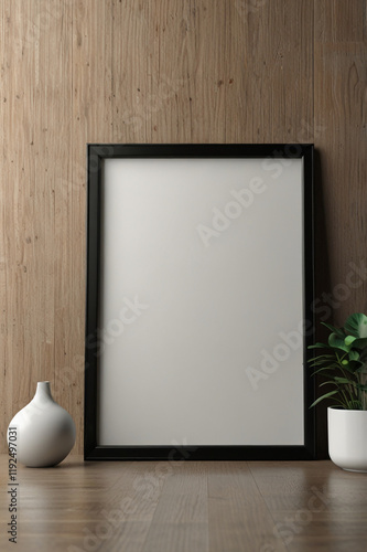 AI generative. 3d render of blank black frame mockup design minimal with  wood and beige atmosphere. 6