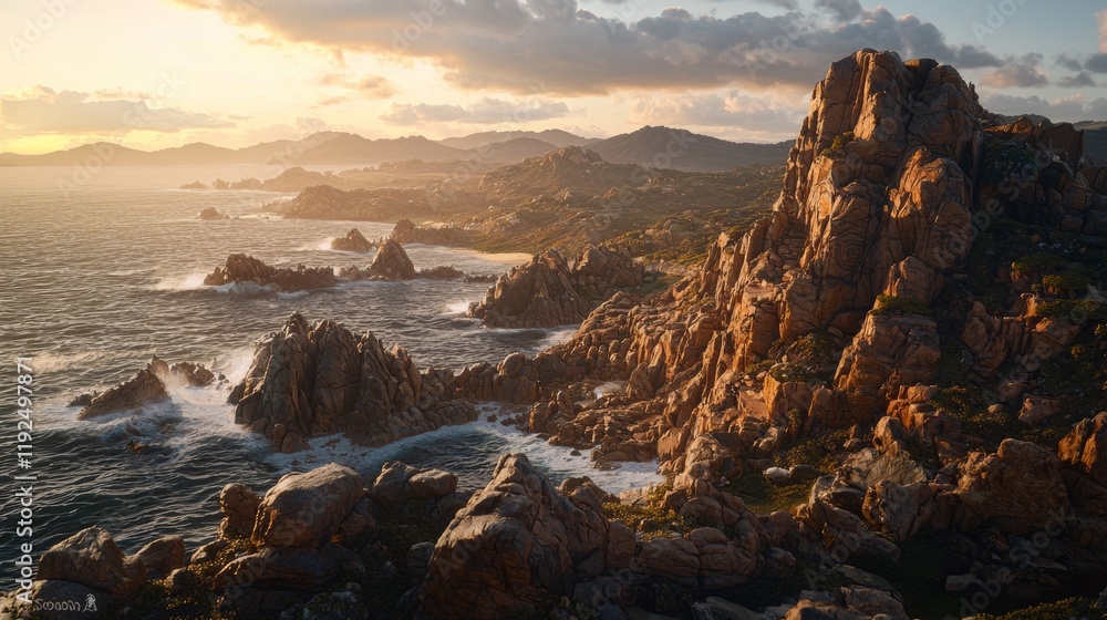 Obraz premium Scenic coastal landscape at sunset revealing rugged cliffs and crashing waves along the shore