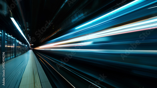 Motion blur subway train. Smooth lines background design. Glowing waves poster. The motion effect of a car moving at high speed. Digital photo illustration. AI artwork.
