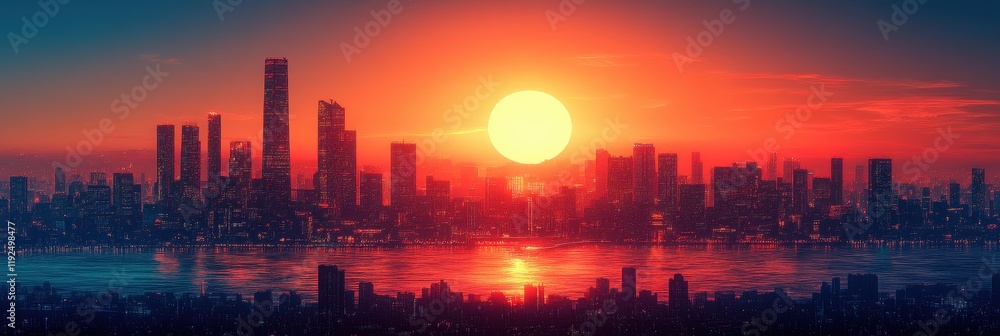 Fototapeta premium Minimalist city skyline at dusk, featuring sleek silhouettes, soft gradient hues, and a serene atmosphere, perfect for modern aesthetics.