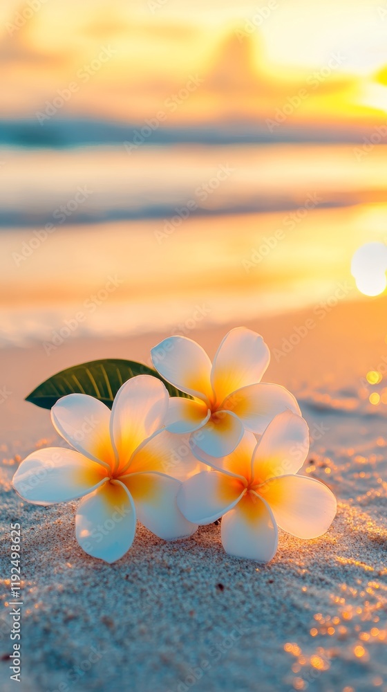 spa theme photo. frangipani flowers on the beach with sky of golden hour backgound spa theme photo. frangipani flowers on the beach with sky of golden hour backgound