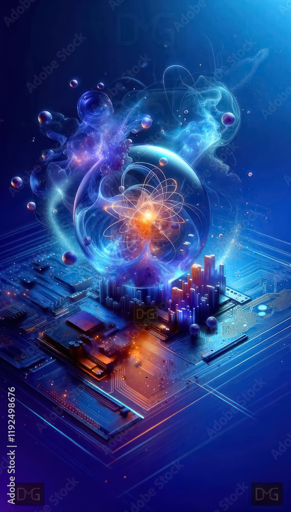 glowing atom above futuristic motherboard for technology design glowing atom above futuristic motherboard for technology design