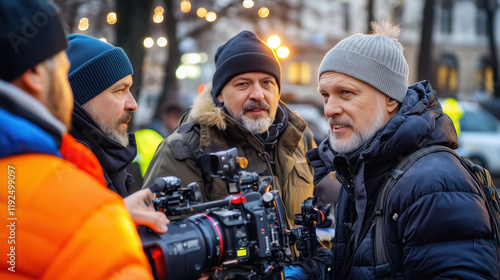 Collaborative Film Crew Working Outdoors with Winter Clothing During a Movie Production Setup