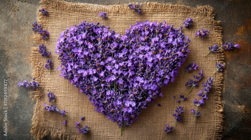 Lavender Flowers Arranged In Heart Shape On Burlap Lavender Flowers Arranged In Heart Shape On Burlap