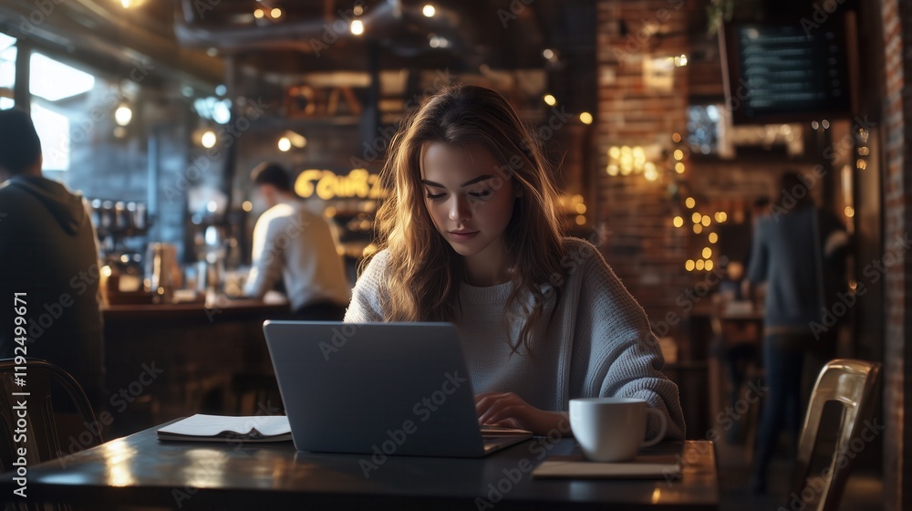 Fototapeta premium Young Woman Working on Laptop in Cozy Café Setting with Warm Atmosphere