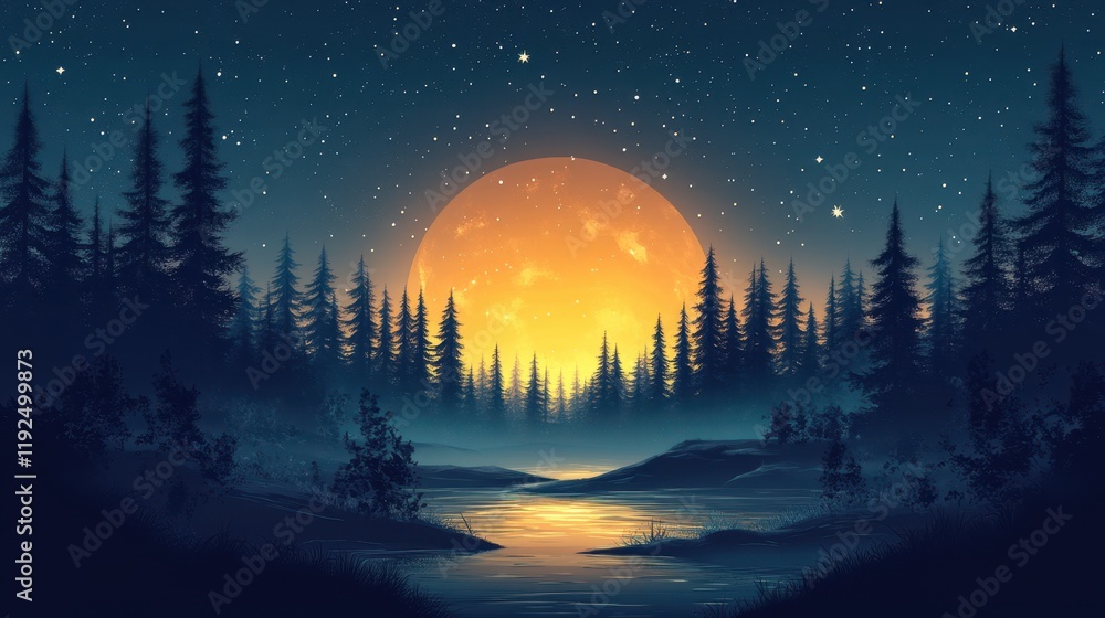 Naklejka premium Moonlit Forest Serenity, a tranquil scene of a minimalist forest under a starry sky, evoking calmness and wonder in nature.