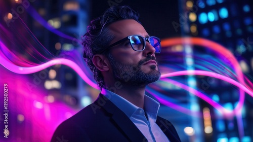 Business Leader in Neon Cityscape with Abstract Light Waves and Modern Atmosphere