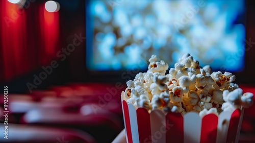 Watching a movie at the cinema with popcorn in hand. The big screen shows action, thrillers, or sci-fi. The theater is dark with red seats. The spectator sees the movie from their point of view.