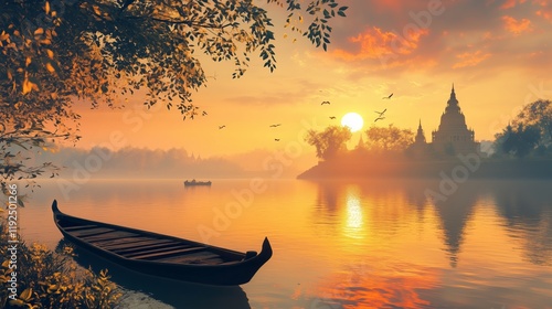 Sunrise Over Sacred River with Silhouetted Boat, Golden Reflections and Temple Backdrop, Peaceful Riverside View photo