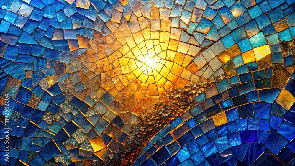 Obraz premium Aerial View: Fractured Glass Mosaic with Blue to Gold Reflections