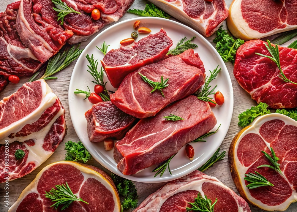 Aerial View of Raw Meat on Plate, Butcher Shop, Food Photography Aerial View of Raw Meat on Plate, Butcher Shop, Food Photography