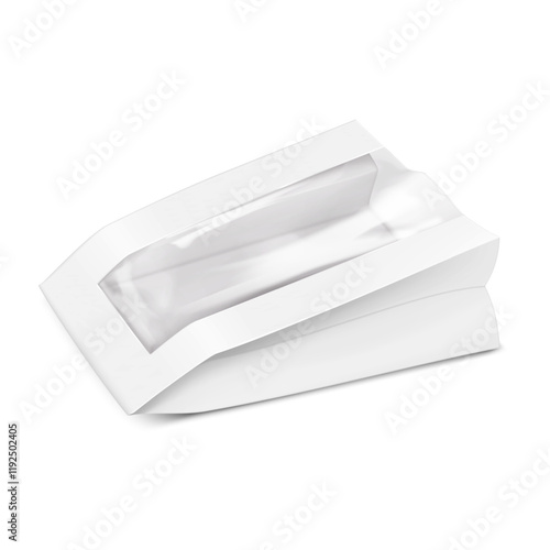Blank white food paper bag with clear plastic line insert. Realistic 3d vector mockup. Side gusseted pouch package with transparent window for bakery, candies, sweets, etc. Mockup. Template for design