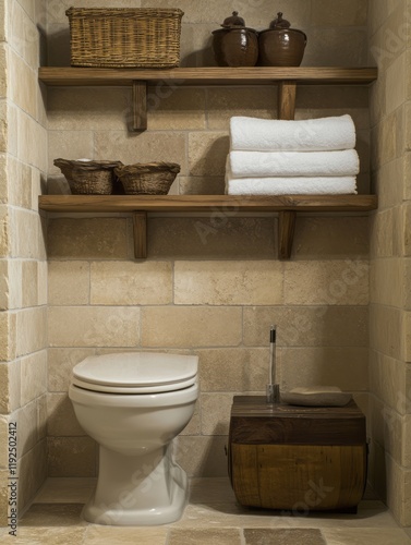 Rustic Bathroom Shelving With Toilet And Accessories photo