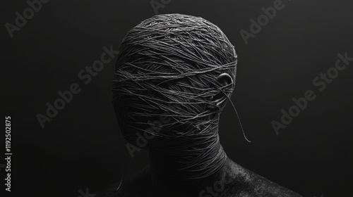 tangled Ball of Thread on a Person's head with Loose Ends Trailing into Darkness