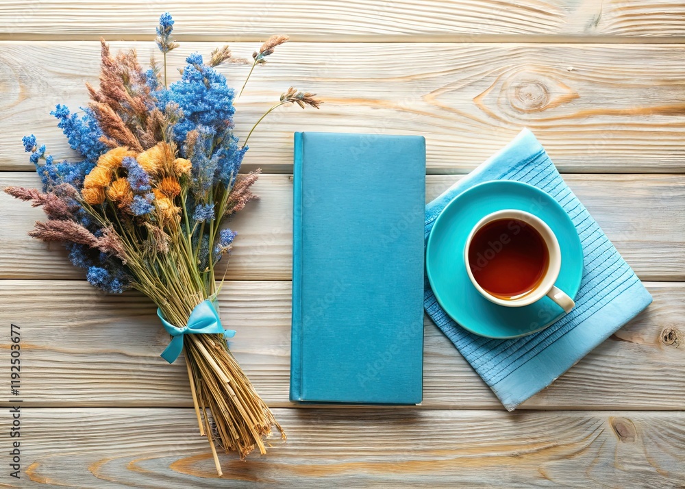 Obraz premium Blue Product Mockup with Notebook, Tea, and Dried Flowers - Flat Lay Stock Photo