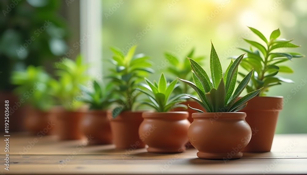 Green plants in clay pots with bokeh background Green plants in clay pots with bokeh background