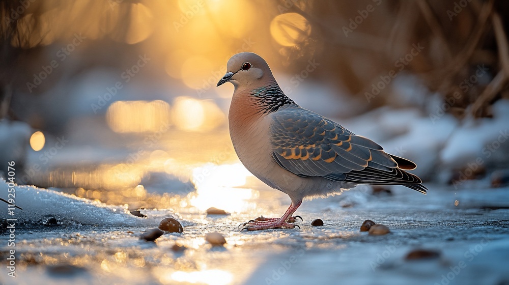 Eurasian collared dove on icy stream, winter sunrise Eurasian collared dove on icy stream, winter sunrise
