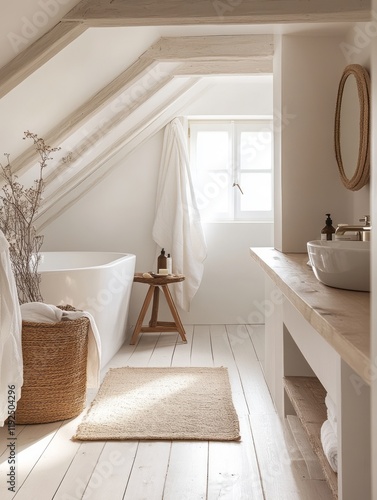Serene Attic Bathroom With Wooden Beams And Neutral Decor
