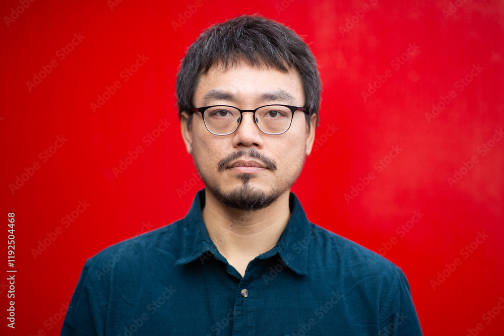 Obraz premium Portrait of an Asian man with glasses on a red background