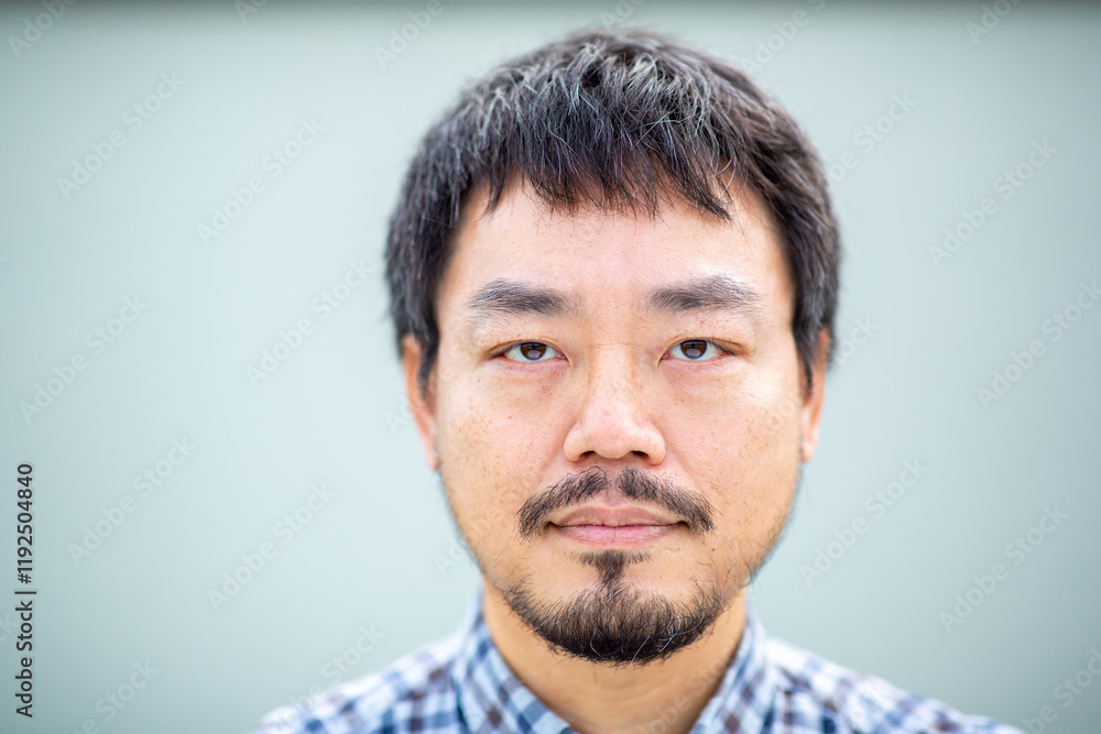 Serious Asian man with beard in a checkered shirt against a plain background Serious Asian man with beard in a checkered shirt against a plain background