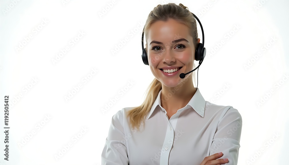 Young female service operator representative wearing a headset on white studio background Young female service operator representative wearing a headset on white studio background