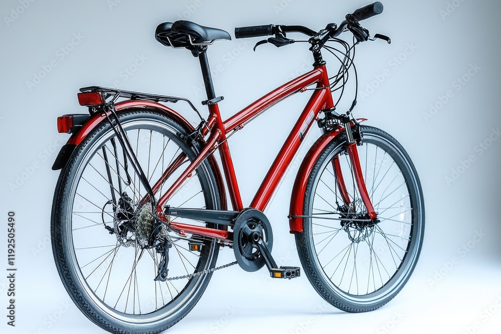 Fototapeta premium A single red bicycle leaning against a white wall