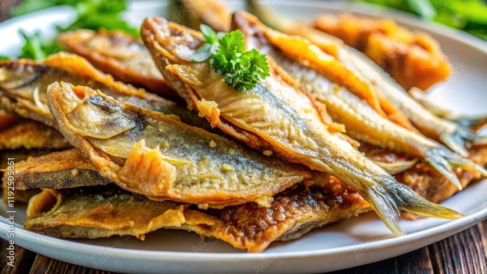 Crispy Fried Milkfish Slices on Plate, Selective Focus - Delicious Filipino Food Stock Photo Crispy Fried Milkfish Slices on Plate, Selective Focus - Delicious Filipino Food Stock Photo