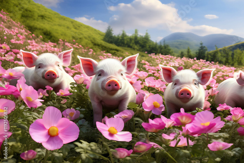 Schweine Ferkel auf der Alm und Landschaft im Sommer