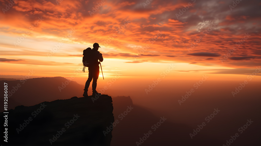 Far silhouette of exploration of an adventurous traveler on the blink of the cliff. AI generated image, ai Far silhouette of exploration of an adventurous traveler on the blink of the cliff. AI generated image, ai