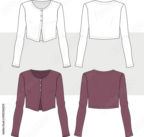 women's long sleeve cropped rib cardigan top illustration technical drawing template. flat sketch vector cad.
