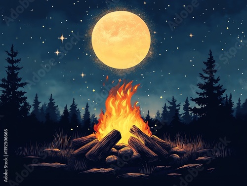 Campfire Under a Serene Full Moon: A Nighttime Forest Scene