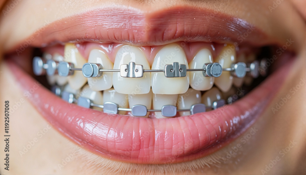 Obraz premium Smiling person with braces showing teeth