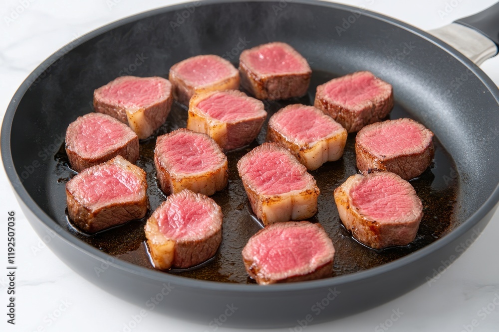 Sizzling pieces of perfectly cooked beef tenderloin in a frying pan, showcasing a delicious sear and juicy, pink center. Sizzling pieces of perfectly cooked beef tenderloin in a frying pan, showcasing a delicious sear and juicy, pink center.