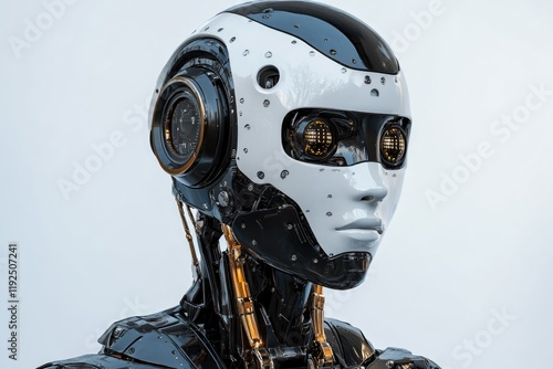 Close-up of a robot's face wearing headphones, suitable for futuristic or technology-themed projects photo